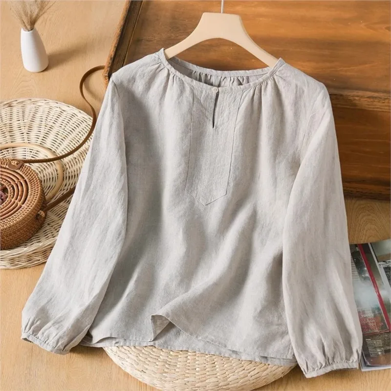 

Wrinkled Round Neck Long Sleeved T-shirt For Women, Summer 2025 New Style, Loose And Slim, Retro Top Blusas Juveniles Mujer
