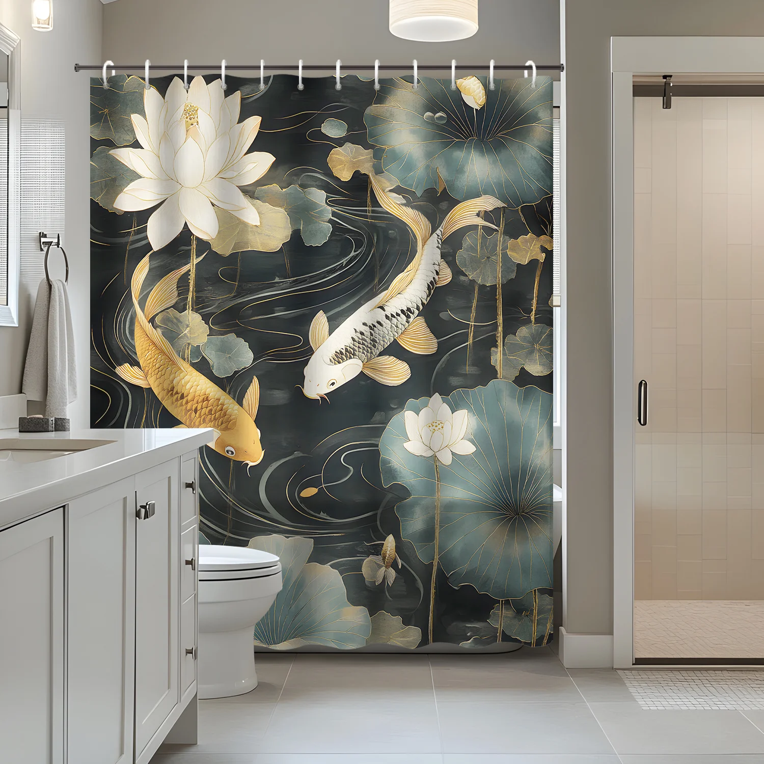 

1 шт., традиционный китайский стиль, пруд с листьями лотоса, удачи, карась, занавеска для душа в ванной комнате с 12 крючками, занавеска для душа