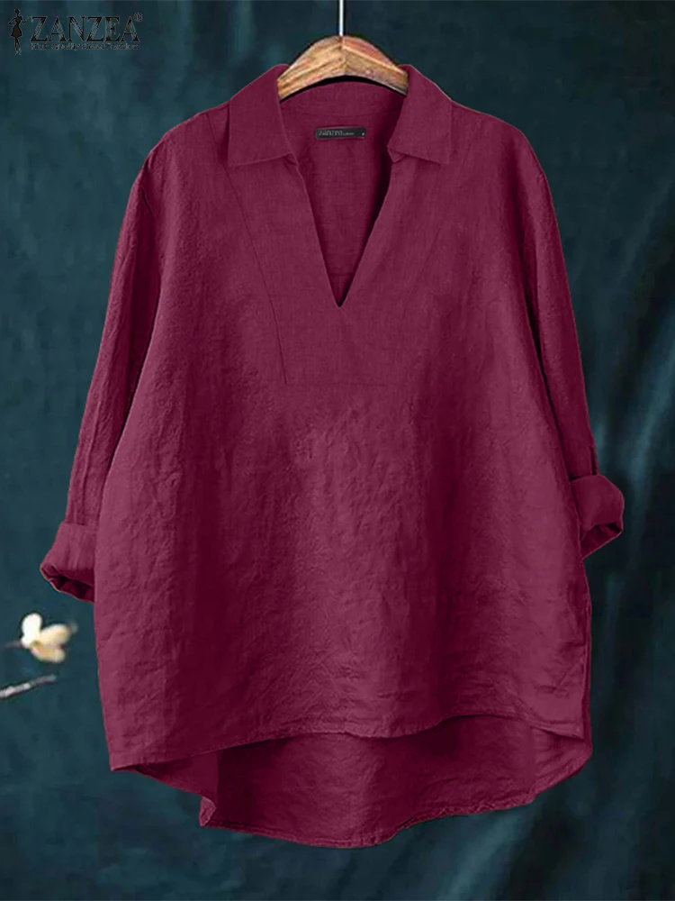 ZANZEA 2025 Jesień Damskie Bluzki High-Low Luźny Dekolt w Serek Długi Rękaw Bawełna Len Modne Bluzki Damskie Codzienne Casualowe Gładkie Topy