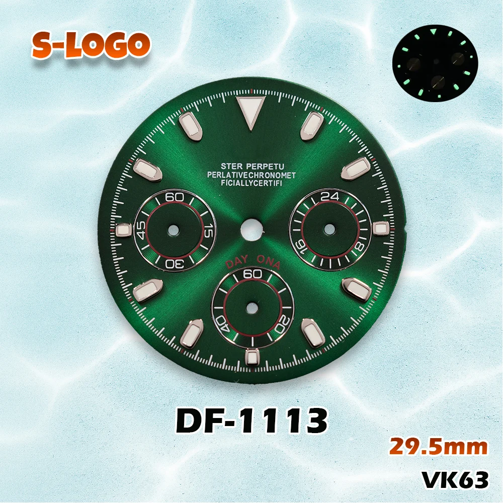 Versatile Panda Chronograph Dial 29.5mm for VK63 | Green Luminous, S Logo | Men's Watch Modification Accessories