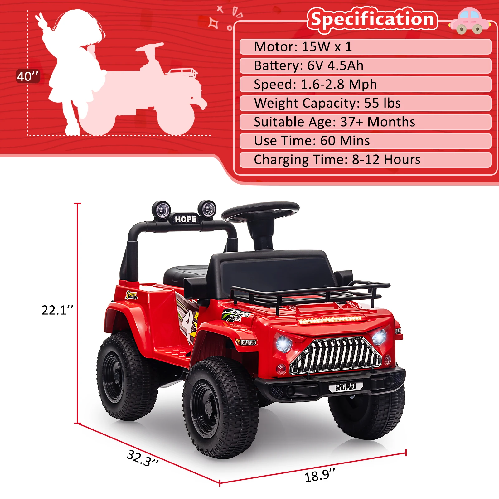 6V Ride On Car Battery Powered Electric Car for Kids with LED Light FM Horn Rear Storage Riding 4 Wheels Toy for Aged 3-6 Years