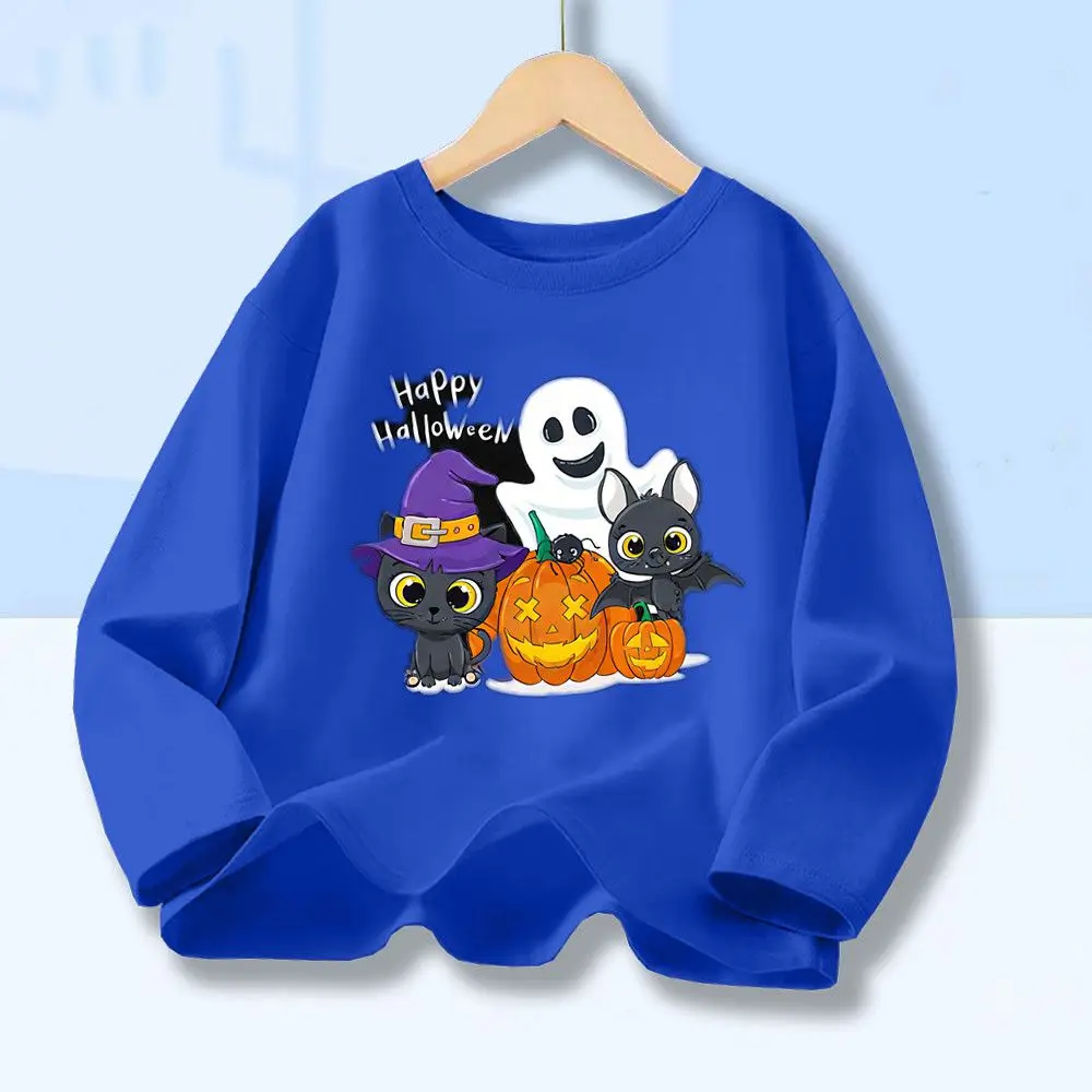 Halloween-Party-T-Shirt für Jungen und Mädchen, mit süßen Motiven wie Geist, Katze oder Fledermaus, ein kreatives Geschenk, lässige T-Shirts mit langen Ärmeln, Oberteile, Streetwear.