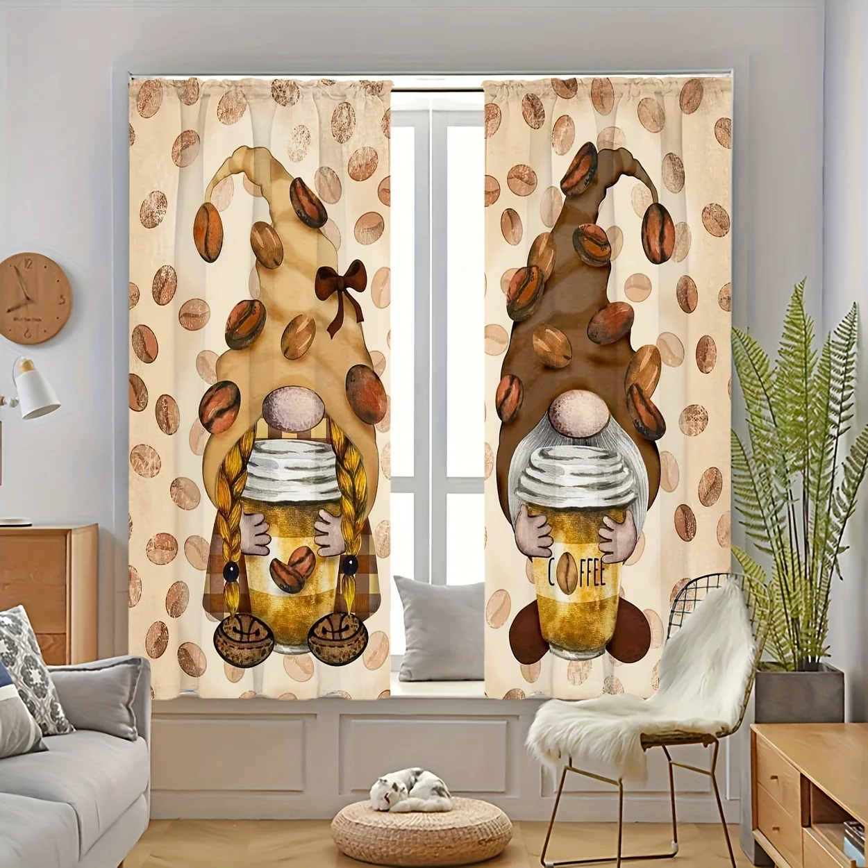 2PCS Cartoon Sheer Curtains, Coffee Gnome Bean Cup, Digital Print, Bedroom Living Room, Rod Pocket Polyester, Home Decor