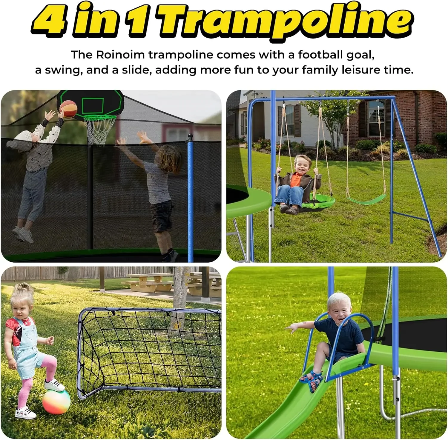 Trampoline with Swing, Slide, Basketball Hoop, Safety Enclosure and Ladder, ASTM Approval Outdoor Recreational Tram