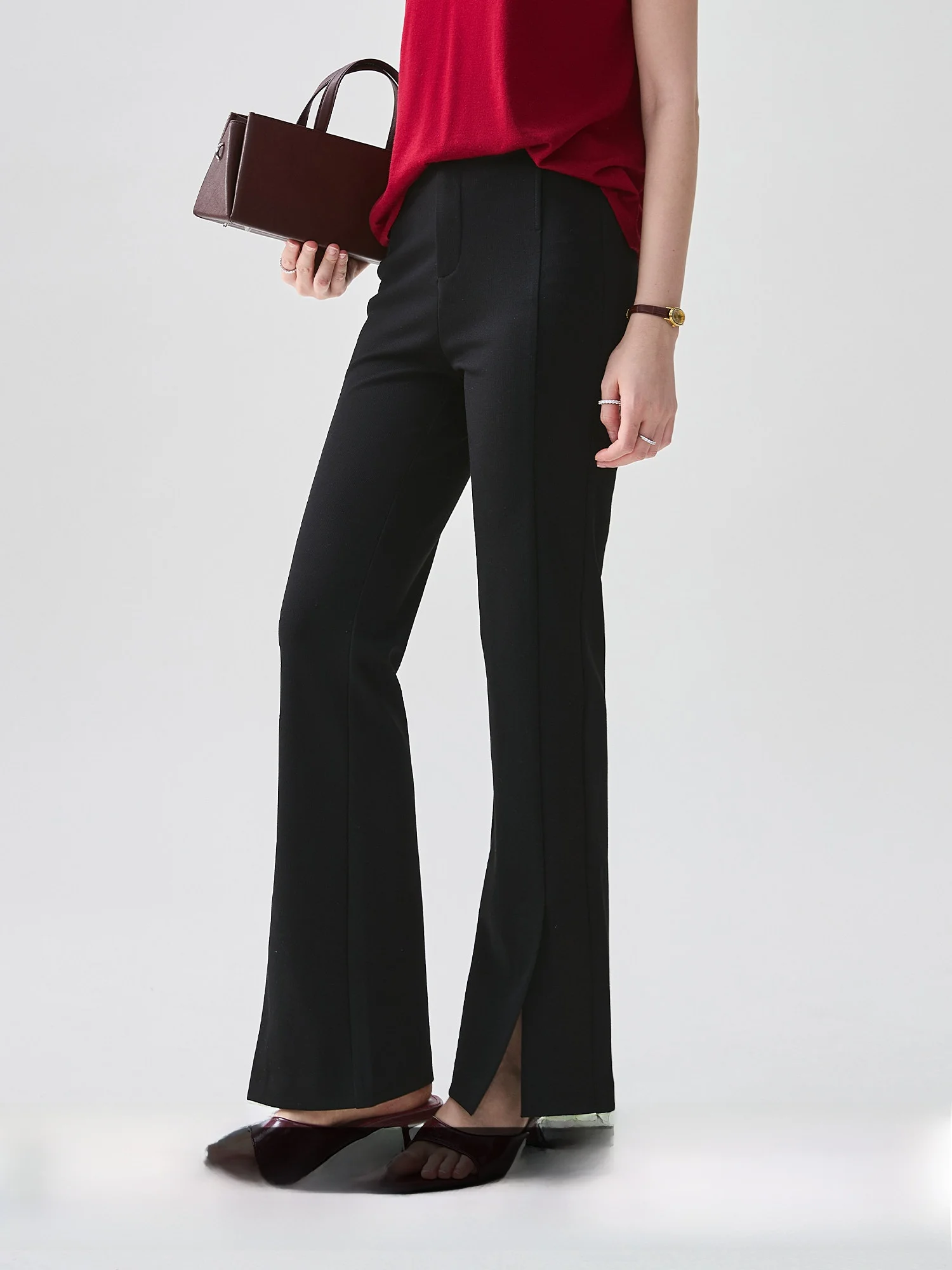 

Slimming Flared Pants for Women Spring Commute Style Front Split Casual High Waist Nylon Blend Stretchy Long Trousers