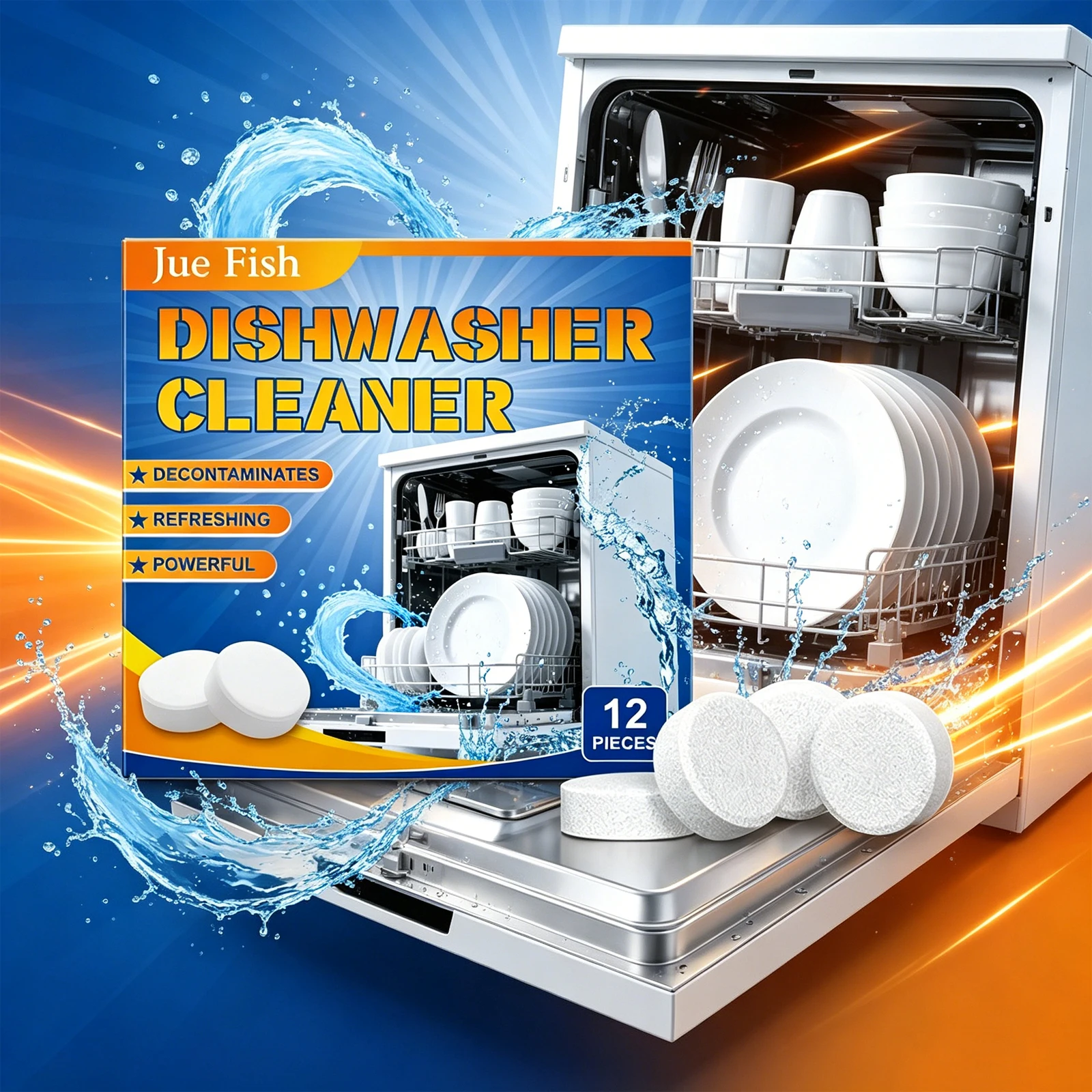 Jue Fish 12pcs Dishwasher Oil Removal Sheets Cleaning Tablets For Dishes Remove Oil Stains Reduce Scale Home Kitchen