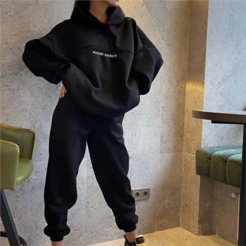 Letter Printed Two Piece Drawstring Set Women Long Sleeved Hoodies Loose Sweatshirt Pants Outfits Autumn Winter Women Sports Set