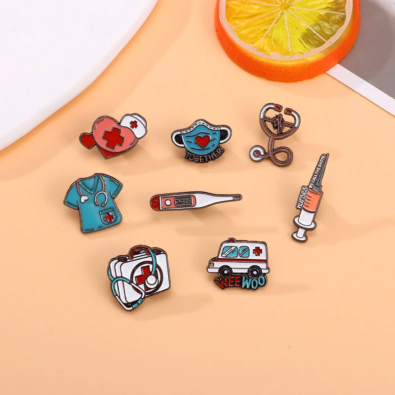 8PCS/Set Medical Series Metal Cartoon Brooches, Stethoscope ECG Ambulance Nurse Doctor Enamel Pins