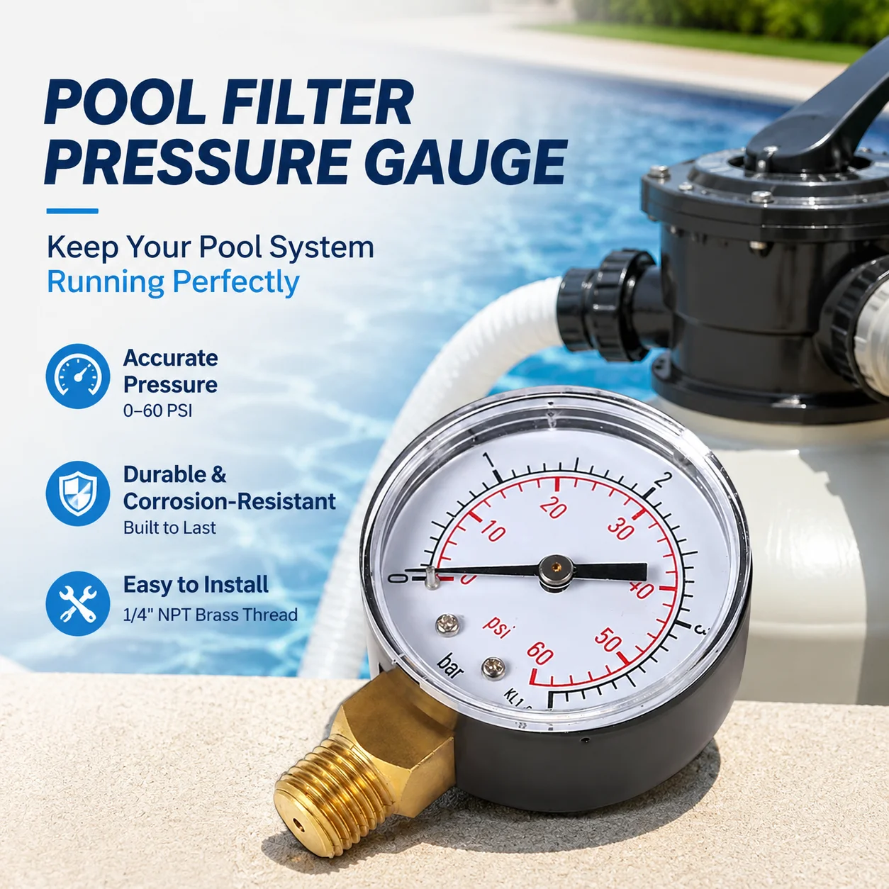 Pool Filter Water Pressure Gauge 50mm 0-60psi 0-4bar/0-15psi 0-1bar Hydraulic Manometer 1/4