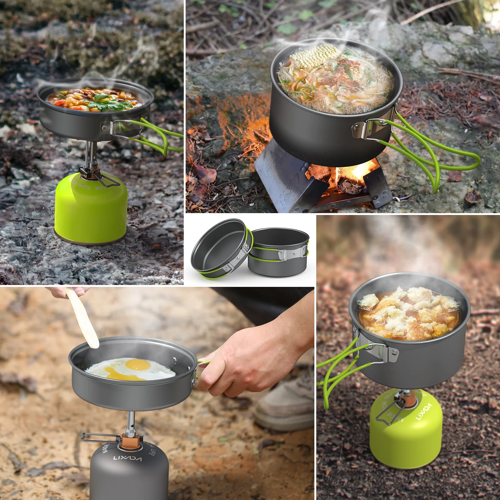 2-3 People Outdoor Tableware Camping Cookware Portable Multifunctional Cooking Set with Foldable Handle for Indoor Outdoor Stove