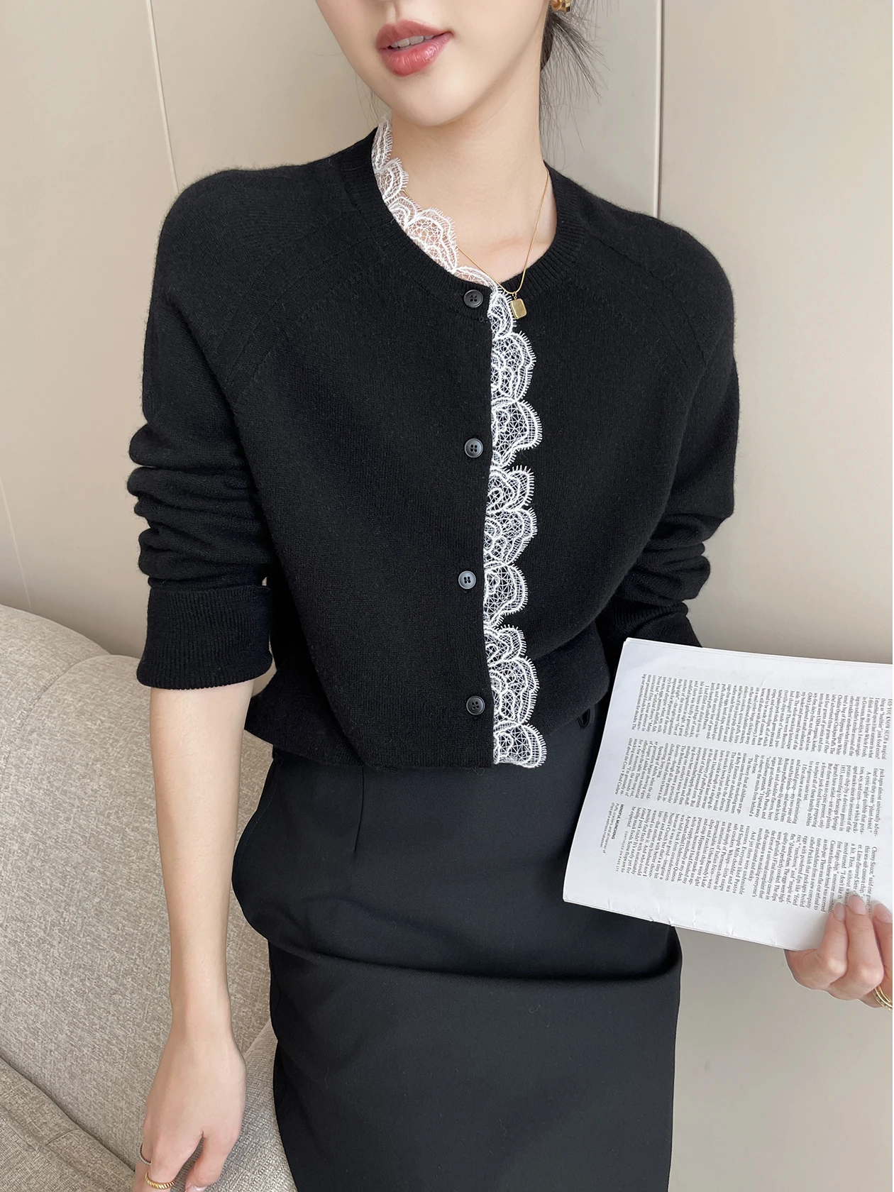 

Ele Bla Long Sve Lace Trim Knitted Open Cardigan Women's Spring 2026 New Sle Casual Soft Knitwear round Ne ort...