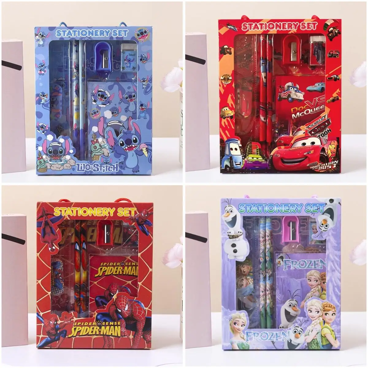 

New Disney Stitch Stationery Set Cute Cartoon Spiderman Pencil Eraser Pencil Sharpener Student School Supplies Kids Gift Box