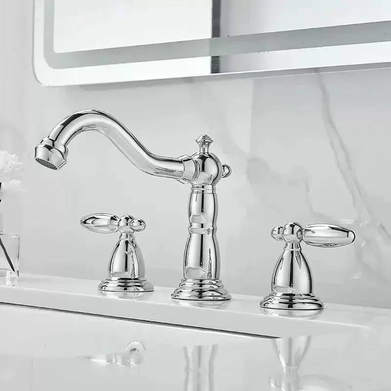 European Vintage Full Brass 3 Hole Basin Faucet Three Piece Set Split Hot Cold Mixer Tap Under Counter Wash Basin Faucet Luxury