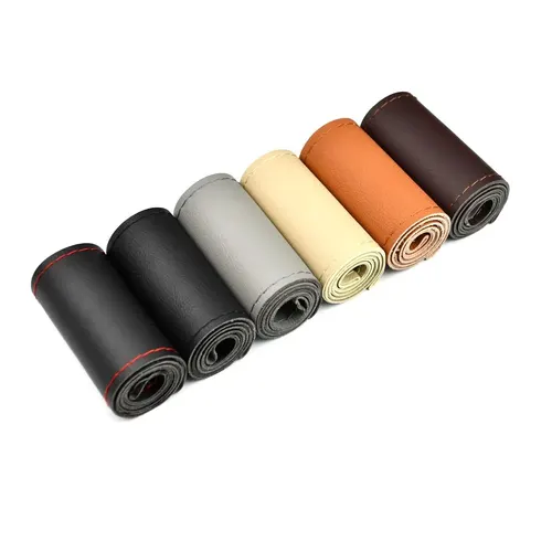 Imagen 2 del producto Protector Universal de cuero para volante de coche, cubierta envolvente para costura DIY de 38cm y 14 "", transpirable y antideslizante, negro, gris y Beige