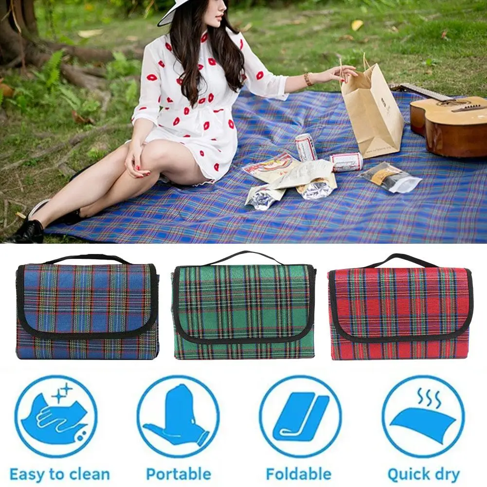 Retro Plaid Picnic Mat 2M*1.5M Portable Polyester Outdoor Camping Machine Folding Handbag Grass Mat 4-6 Mat Washable Person D1E1