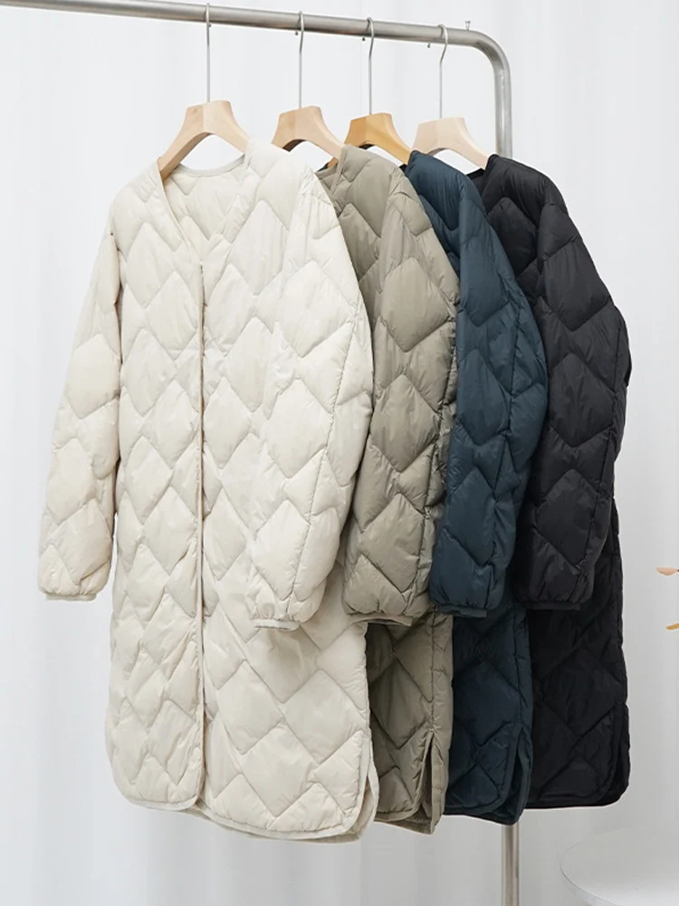 0-10℃ Korean Style Women Winter Coats 2024 New Autumn Ultra Light Long Duck Down Jackets Collarless Windproof Puffer Parkas