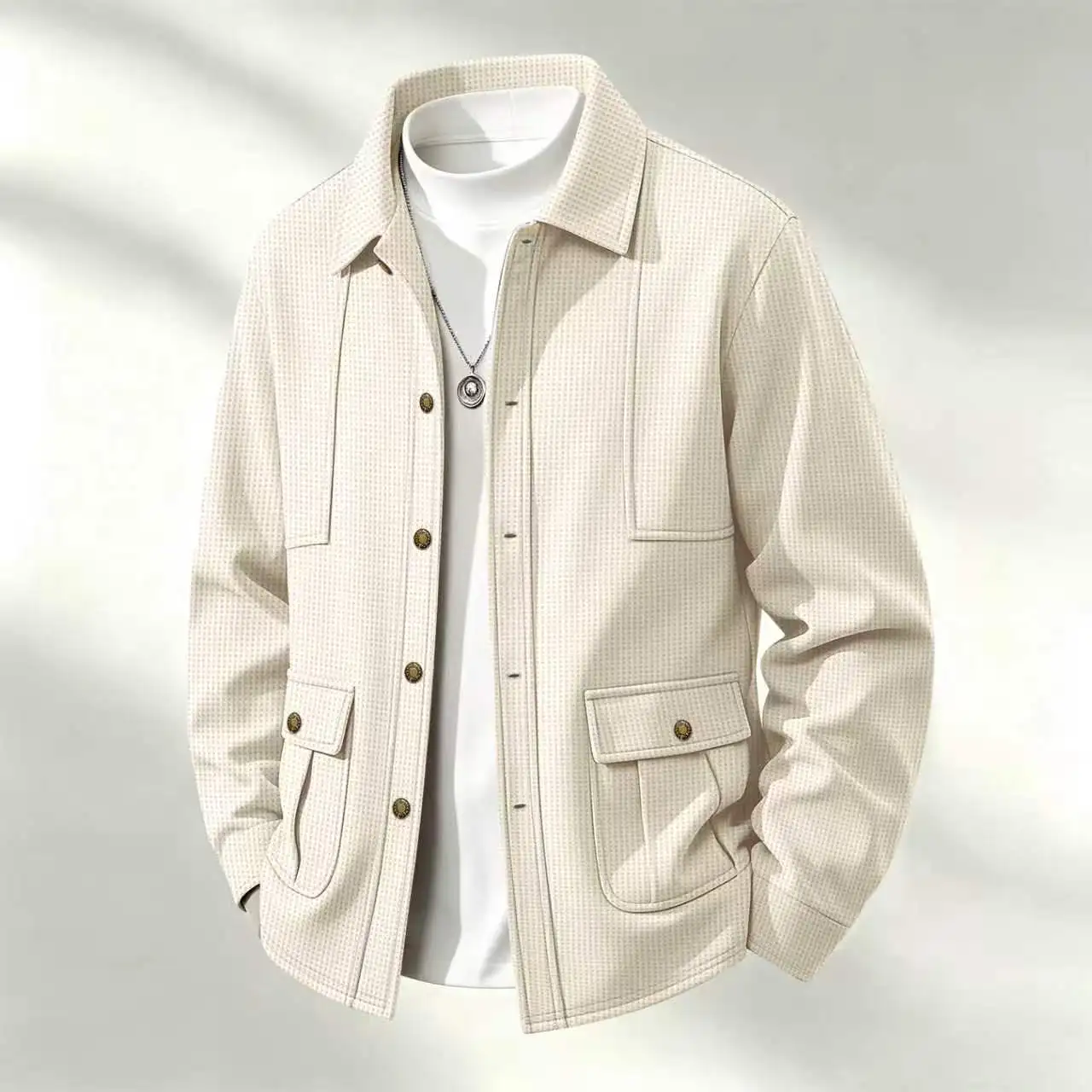 Men's waffle shirt with a turned-down collar, button decoration, and multiple pockets, presenting a casual style. Excellent qual