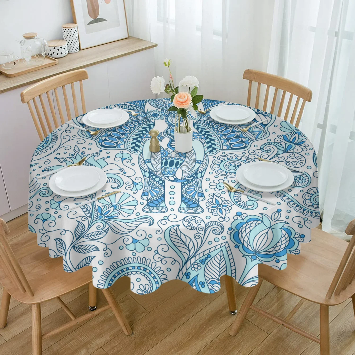 Bohemian Elephant Texture Flowers Round Tablecloth Waterproof Table Cover Home Kitchen Table Cloth Dining Table Decoration