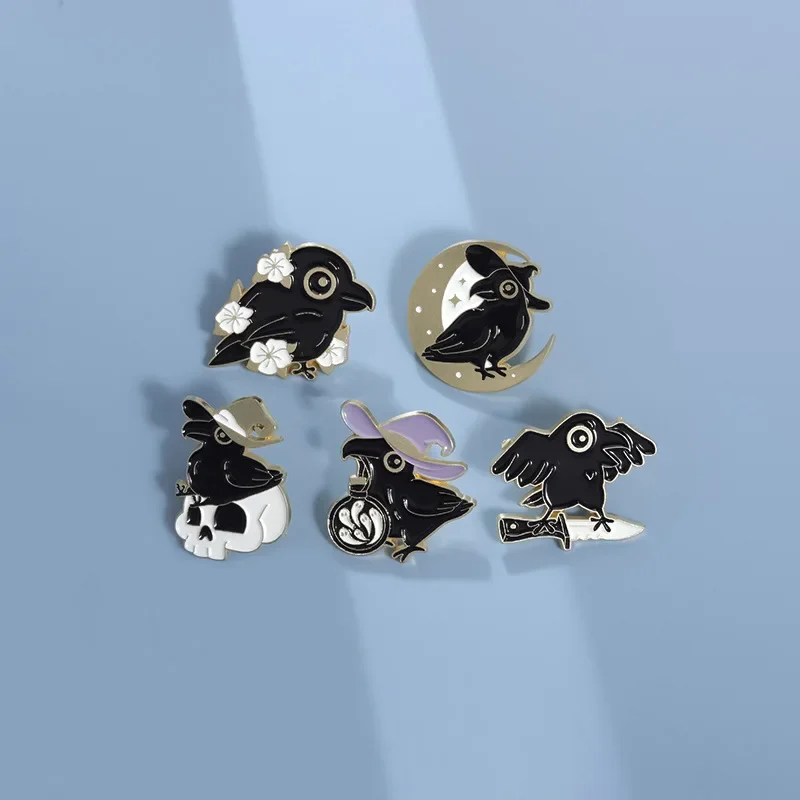 Cartoon Black Crow Bird Skull Enamel Pins Animals Brooches Lapel Badges Halloween Decoration Jewelry Gift for Kids Friends