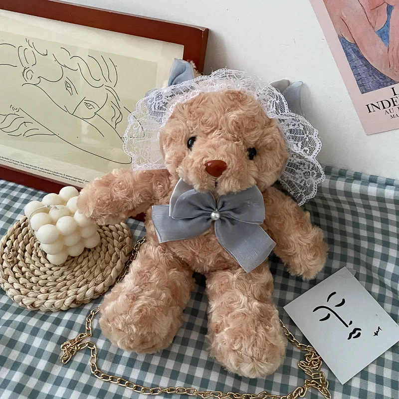 Sacs à bandoulière moelleux pour enfants et femmes, sac à bandoulière ours mignon, Adorable ours en peluche pour filles, nœud perle Lolita Kawaii, sac à main en dentelle douce
