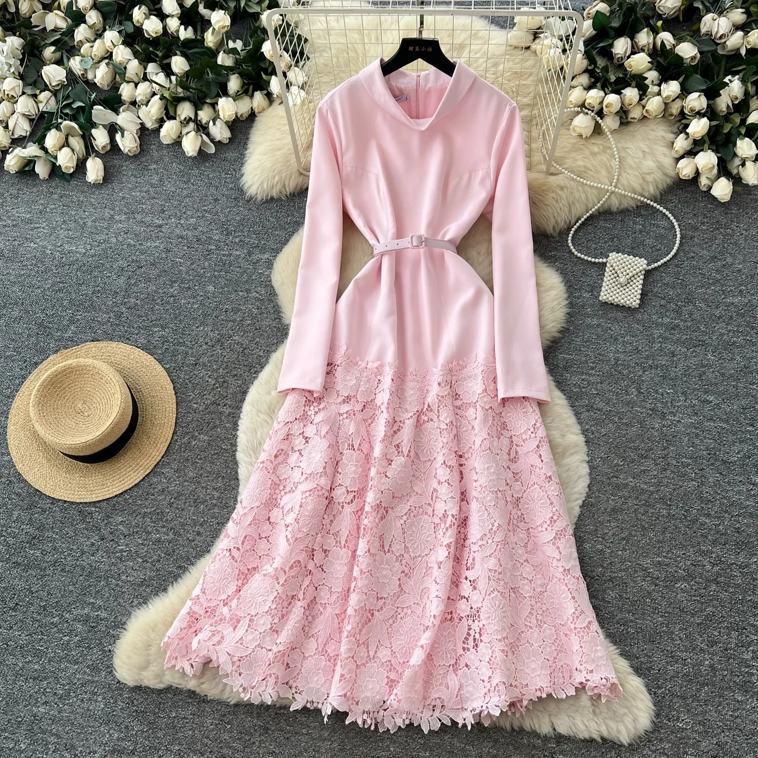 Women Vintage Stand Neck Long Sleeve Dress Slim Waist With Belt Lace Patchwork Hem Formal Occasion Long Party Dress Vestidos