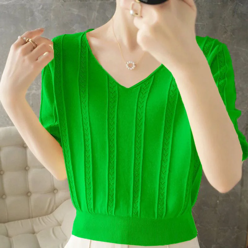 Fashion V-Neck Knitted Solid Color Casual Blouse Women\'s Clothing 2023 Summer New Oversized All-match Pullovers Commute Shirt