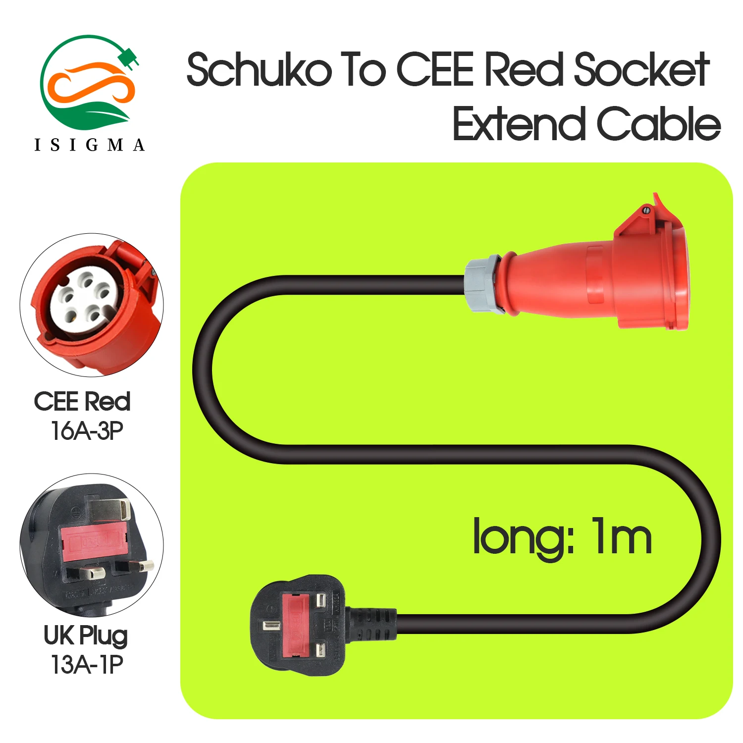 ISIGMA 16A 3 Phase Portable EV Charger Adapter 11KW Schuko Plug to CEE Red Power Female Socket Connect for Electric Vehicle Car