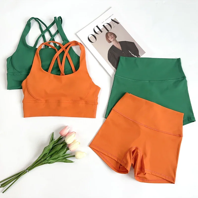 2-teiliger Yoga-Fitness-Anzug für Damen, überkreuzter Rücken, Sport-BH, hohe Taille, Shorts, Lauftraining, Trainingsanzug, Sportbekleidung