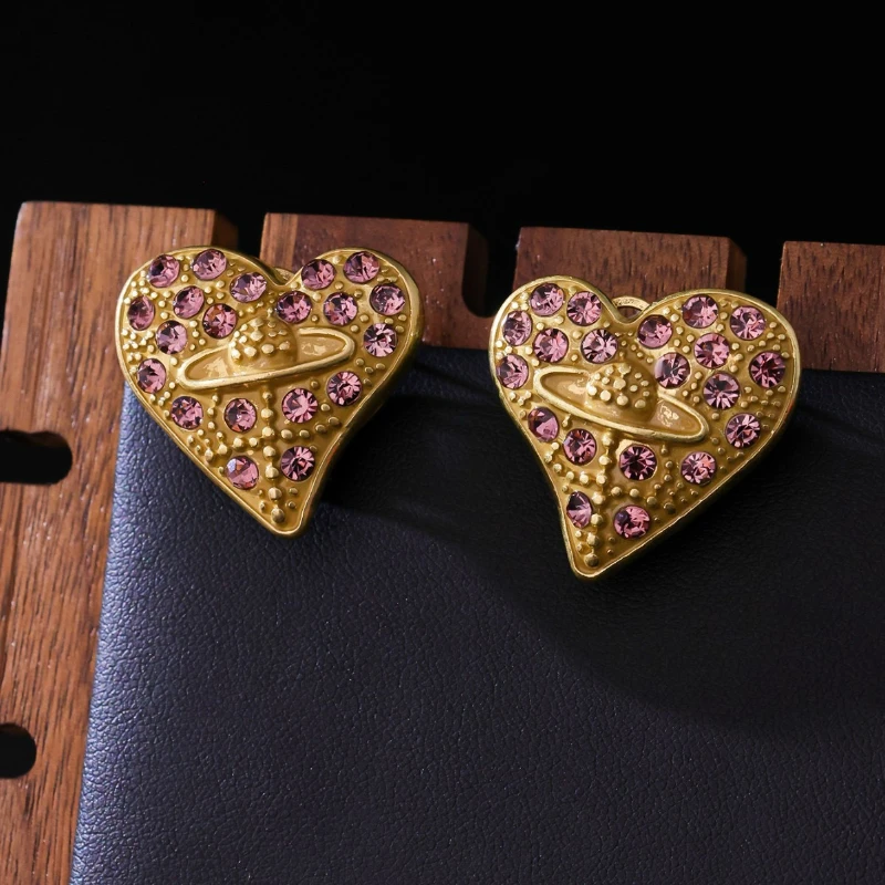 Vintage Heart Saturn Crystal Earrings for Women Rhinestone Planet Stud Earrings Romantic Jewelry Gift