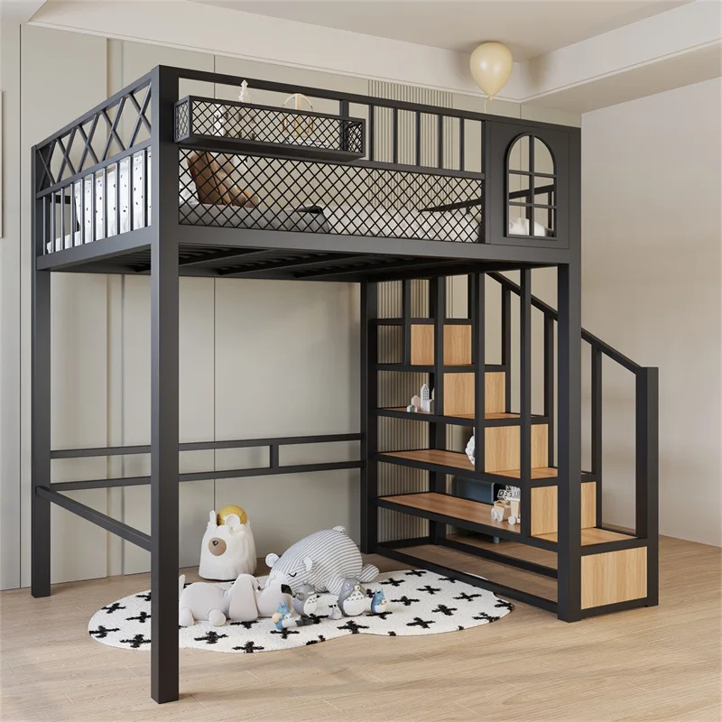 New Chinese wrought iron bed elevated bed simple high and low bed thickened small apartment children's duplex loft