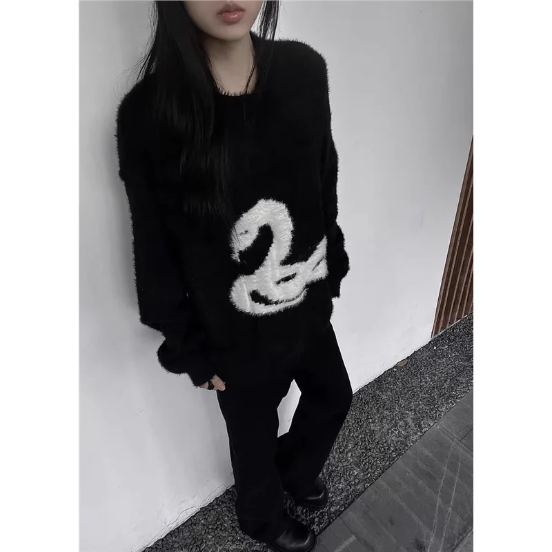 

Мужской модный свитер оверсайз с круглым вырезом, вязаный, с узором под змеиную кожу, с отделкой из искусственного меха, для молодежи, осенне-зимний, больших размеров