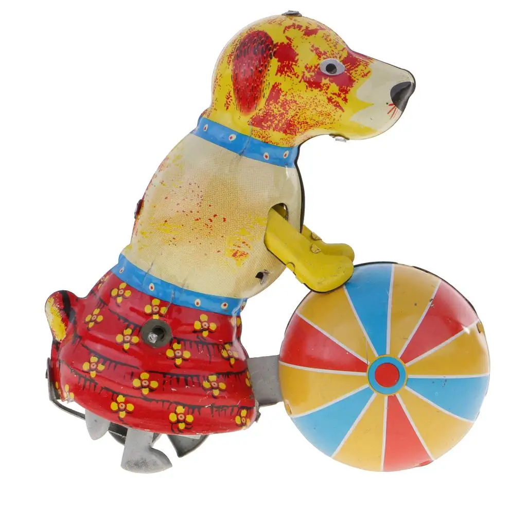 

Wind Up Clockwork Dog Pushes Round Ball Tin Toy Collectible Gift Home Decor