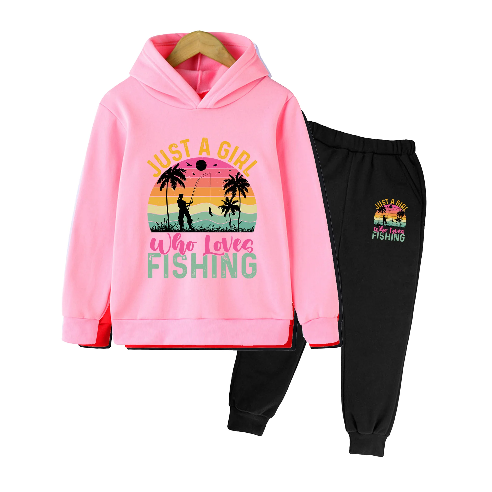 Kids Hoodie & Pants Set, Fishing Print Casual Tracksuit, Retro Tropical Style for Boys Girls Outdoor Activities