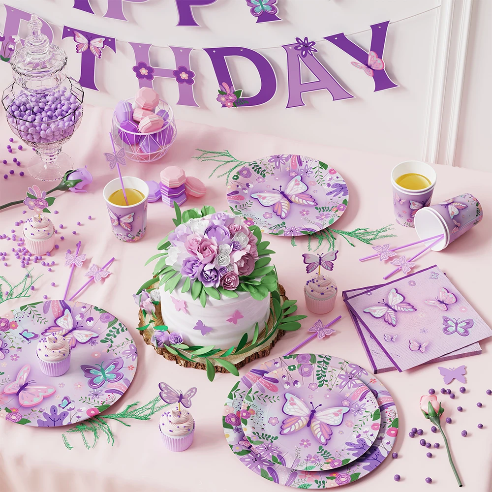 Purple Butterfly Disposable Tableware Baptism Gender Reveal Baby Shower Supplie Banner Paper Plate Butterfly Birthday Party Deco