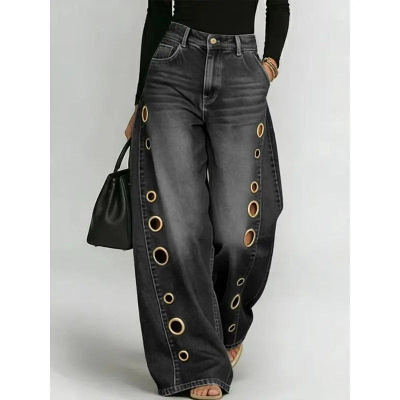 New Style of European and American Women's Jeans Metal Hole Design Casual Loose High-waisted Wide-leg Jeans That Are Fashionable 5
