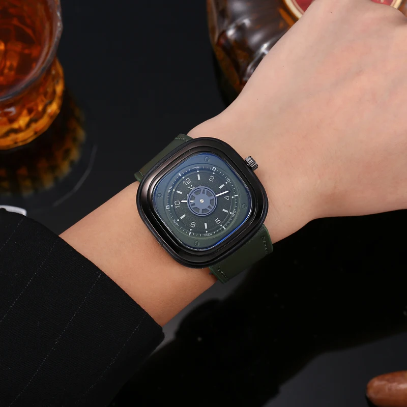 V6 V0291 Men Square Quartz Watch Fashion Green Black Military Sports Creative Leather Strap Wristwatches for Male Boy Clock