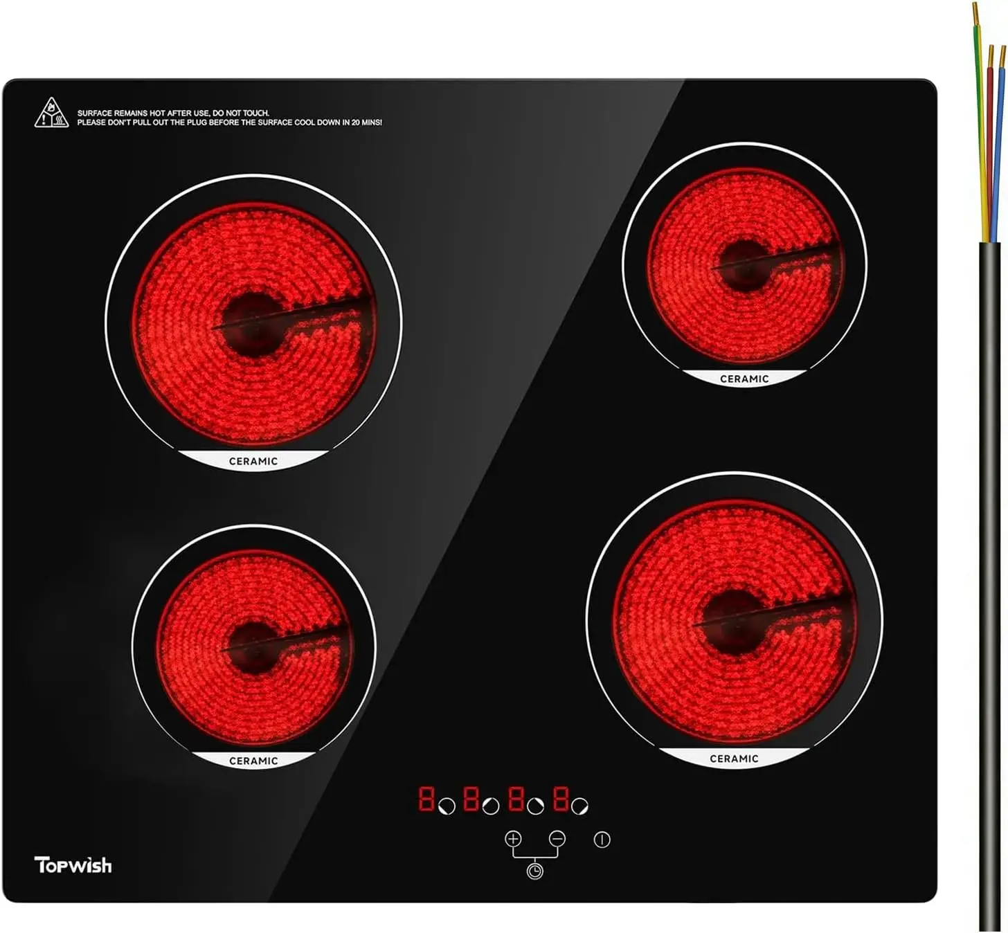 

24 Inch 4 Burner Electric Cooktop, 6000W Built-in Ceramic Stove with Touch Control, Safety Lock, Timer, 220-240V Hardwired