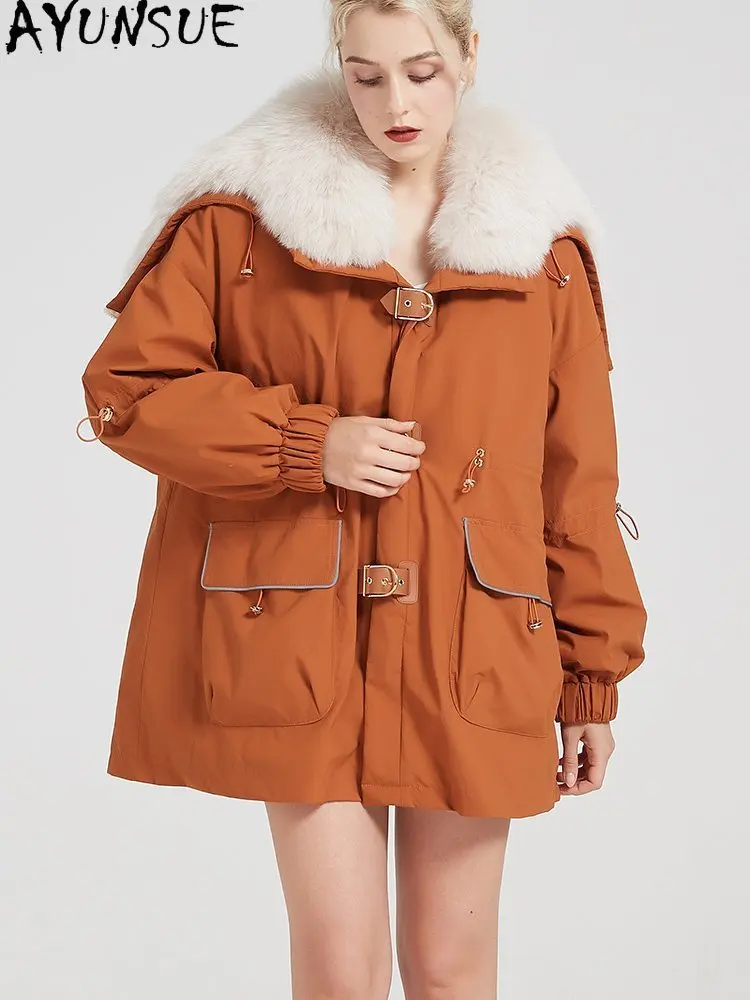 Płaszcz z futra królika Rex AYUNSUE 2025, parka z prawdziwego futra, damska odzież zimowa, ciepła, z kołnierzem z futra lisa, płaszcze damskie średniej długości, Пальто Женское