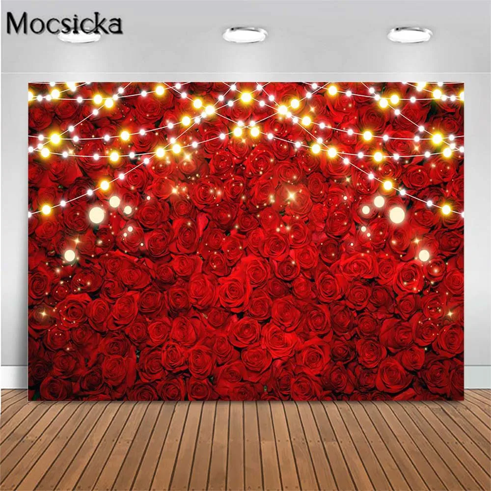 

Mocsicka Red Rose Flower Wall Backdrop for Photography Happy Valentine's Day Photo Background Festival Decor Lights Studio Props