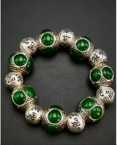 Old Miao Silver Carved Flower Inlaid Red Green Jade Cloisonne Bracelet Tibet