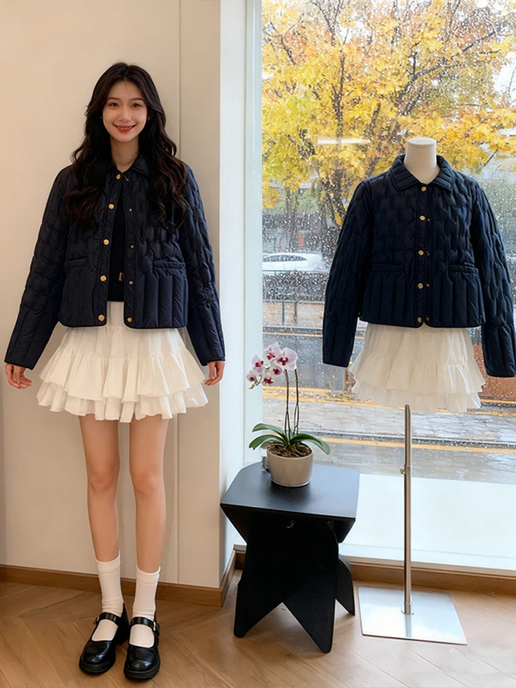 

Ретро-куртка из хлопка с золотисто-синим воротником и ромбовидным узором, женская, теплая, свободного кроя, стройнящая, верхняя одежда