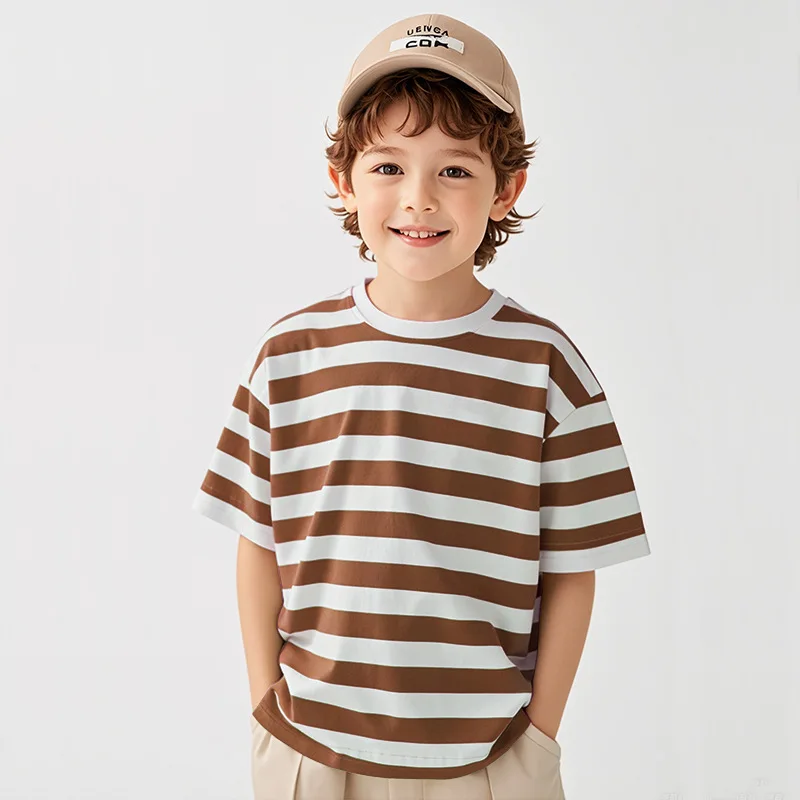 T-shirt 2026 Spring and Summer New Childrens Clothing Korean Boys and Girls Fashion Casual Stripe Small Short-sleeved T-shirt