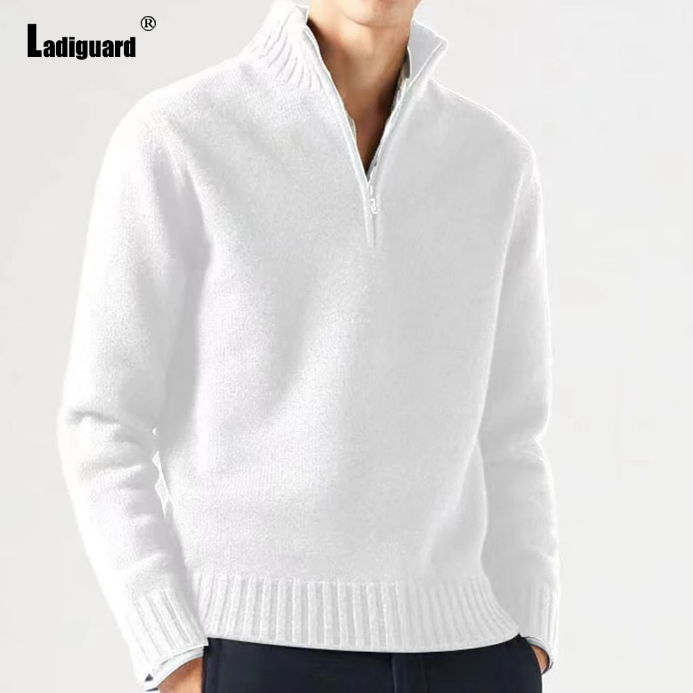 

Ladiguard Plus Size Men Knitting Sweaters White Soft Plush Coats Mens Casual Street Top Pullovers Mandarin Collar Jumpers 2024