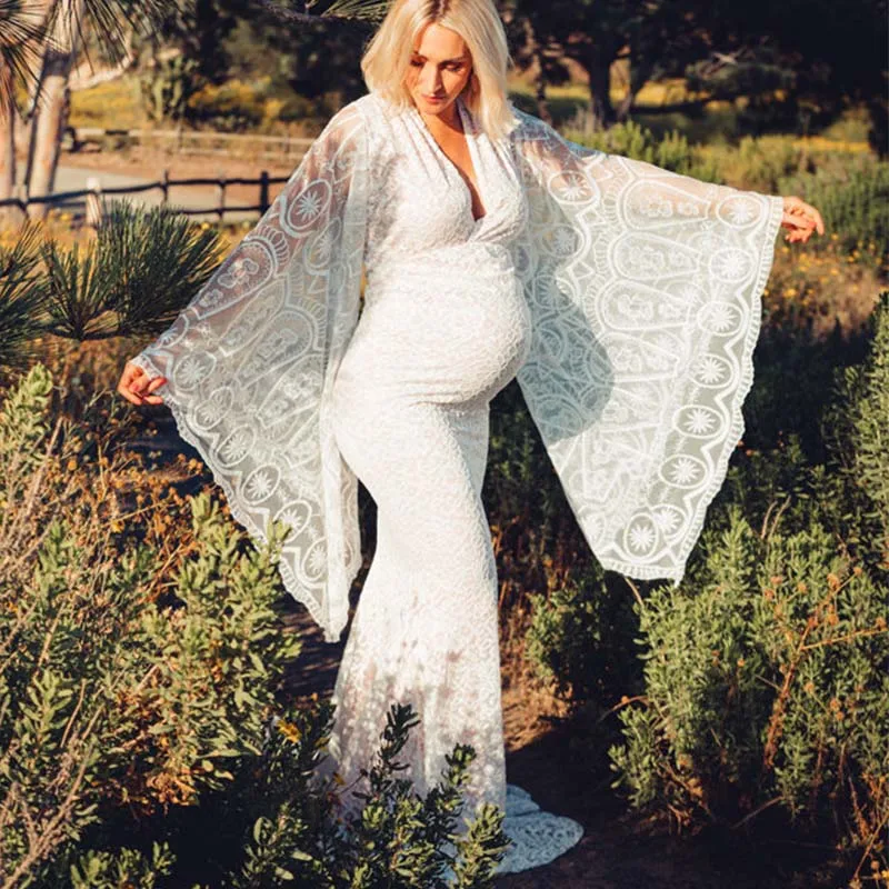 Flare Sleeve Lace Pregnancy Dresses Photoshoots Pregnant Session Photos V Neck Sexy Bodycon Floor Length White Maxi Long Dress