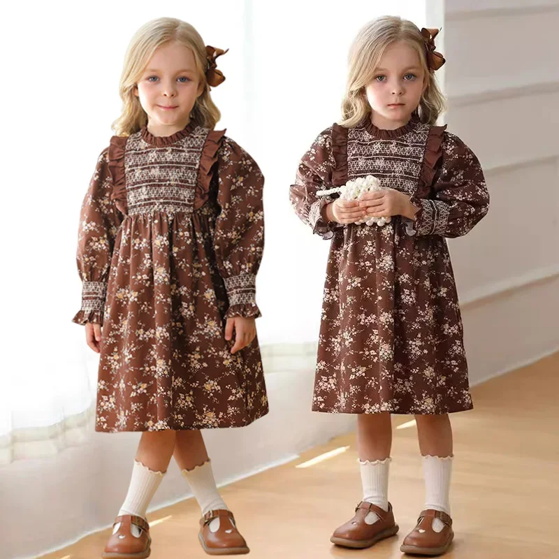 Vestido Retro de moda para niña, vestido de princesa con volantes de otoño 2024, vestidos informales de algodón, ropa para fiesta de vacaciones para niños