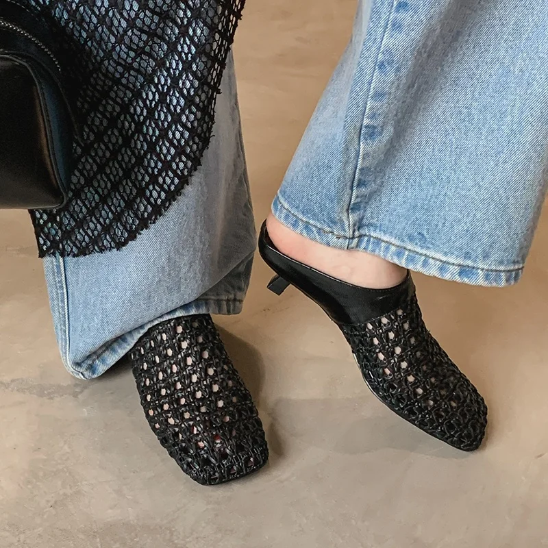 

2025 New Summer Mueller Slippers Woman Mid Heel Soft Bottom Casual Shoes Breathable Mesh Shoes Woman Fashion Braided Shoes