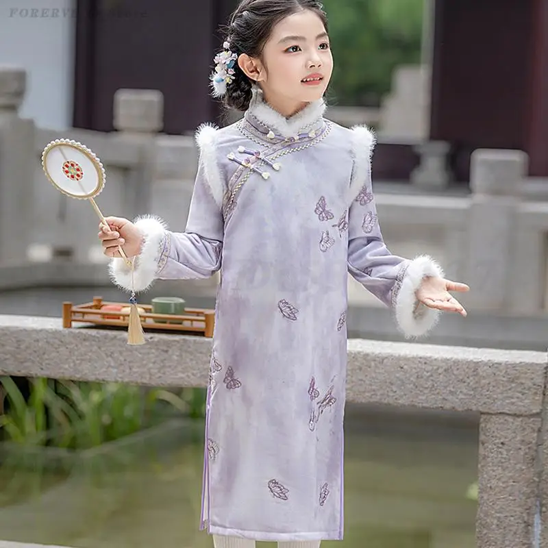 

Детское фиолетовое осенне-зимнее платье Cheongsam с длинными рукавами, плотное платье в китайском стиле, ретро улучшающий костюм Ципао для девочек, восточный костюм для выступлений