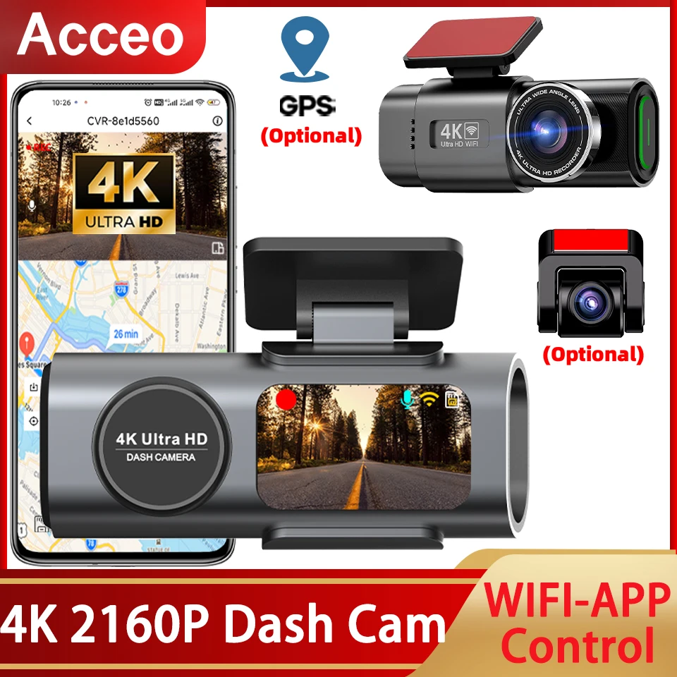 4K Dash Cam Built-in WiFi APP Control HD Night Vision Car Video Recorder Loop Recording G-sensor Car DVR Optional Rear Camera