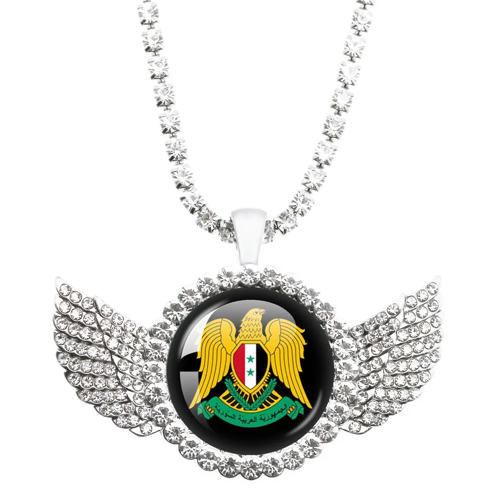 Syria National Flag Angel Wings Glass Cabochon Necklace Handmade Pendant Chains Necklace Creative Fashion Hip Hop Jewelry Gift