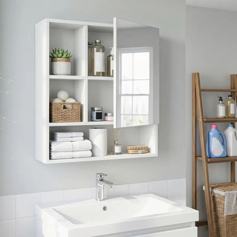 Wall-Mounted Mirror Cabinet with 2 Hidden Shelves and 3 Open Compartments-White view 8